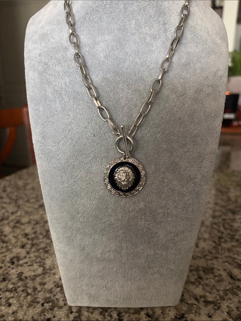 Silver Lion Medallion Pendant Necklace with Black Enamel